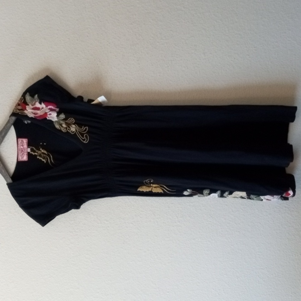 Johnny Was Black Dress with Floral Embroidery